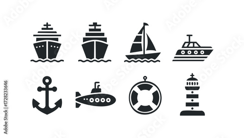 Nautical icons including ship, sailboat, submarine, and anchor. Vector hand drawn illustration