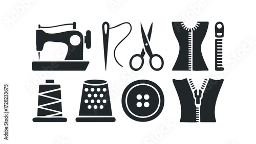 Sewing tools and garment components icons. Vector hand drawn illustration
