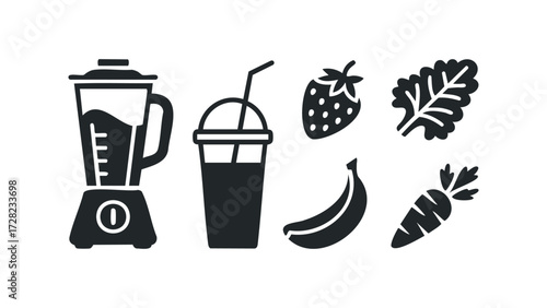 Smoothie preparation icons with fruits and blender. Vector hand drawn illustration