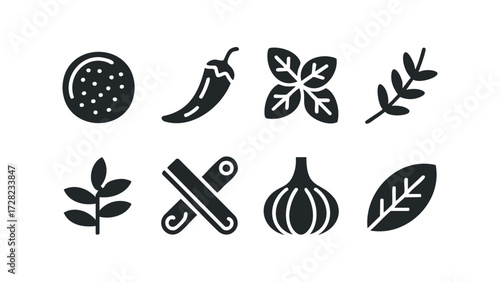 Collection of eight ingredient glyphs for cooking. Vector hand drawn illustration
