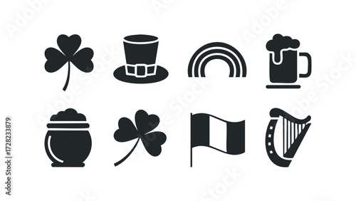 Collection of Irish Holiday Icons in Silhouette. Vector hand drawn illustration