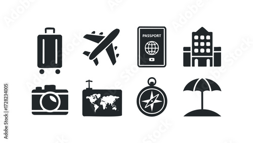 Travel Icons Set Luggage Airplane Passport Hotel Camera Map Compass Umbrella. Vector hand drawn illustration