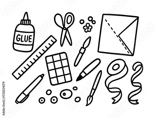 Diy craft supplies: glue, scissors, ruler, paintbrushes, pen, envelopes, ribbon