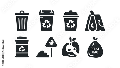 Set of waste and recycling icons. Vector hand drawn illustration