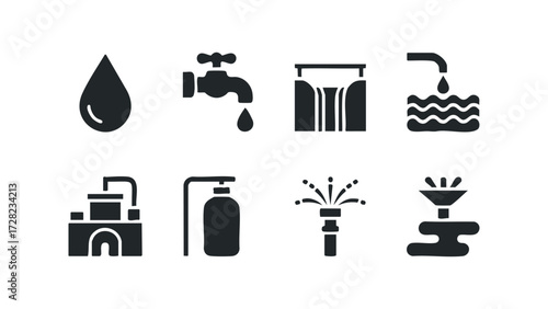Set of icons representing water sources and usage. Vector hand drawn illustration