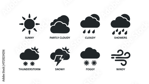 Collection of black weather icons with labels. Vector hand drawn illustration