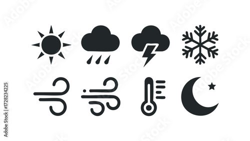 Weather icons collection on white background. Vector hand drawn illustration