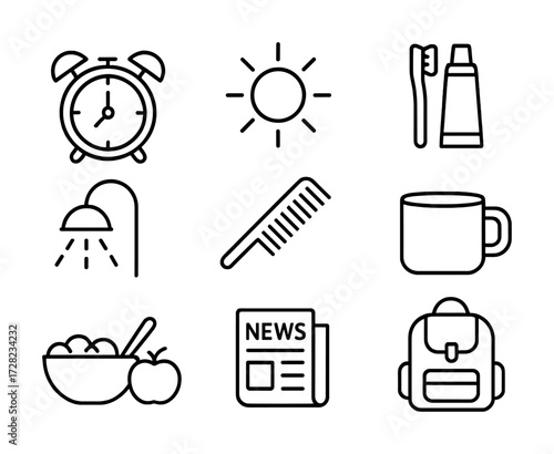 Daily essentials icons: alarm, sun, toothbrush, shower, comb, mug, breakfast, news, backpack