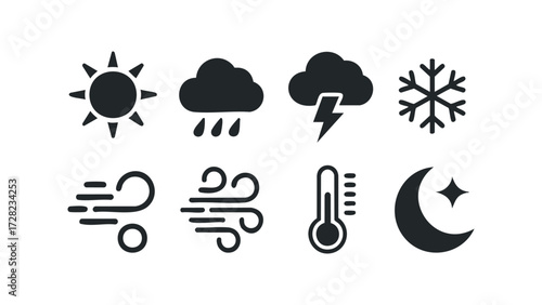 Collection of simple weather icons including sun, rain, lightning, snowflake. Vector hand drawn illustration