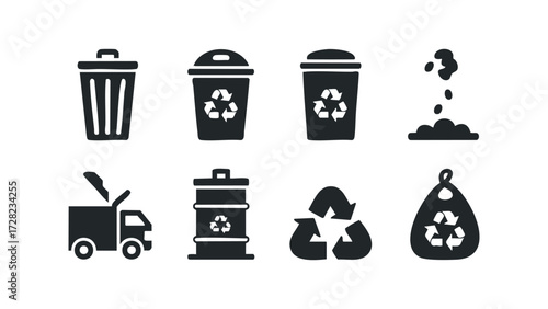 Waste management and recycling symbols collection. Vector hand drawn illustration