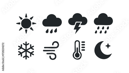 Collection of weather icons representing diverse conditions. Vector hand drawn illustration
