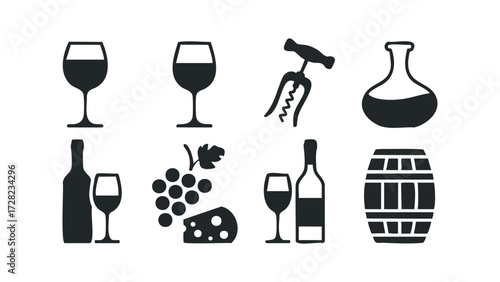 Wine glass, bottle, grapes, cheese, corkscrew, decanter, barrel icons. Vector hand drawn illustration