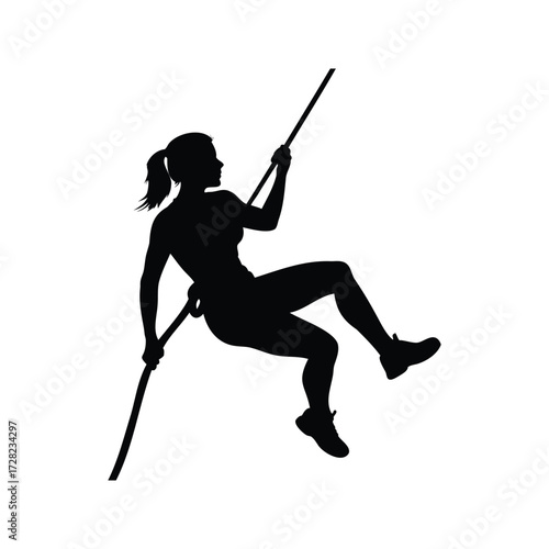 Silhouette of woman repelling down a steep slope using safety equipment, female athlete climbing rope silhouette vector illustration