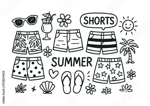 Summer doodle art with shorts, sunglasses, flip flops, and tropical elements