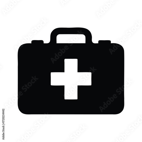 Simple vector black and white icon of a first aid kit bag, first aid kit silhouette vector illustration