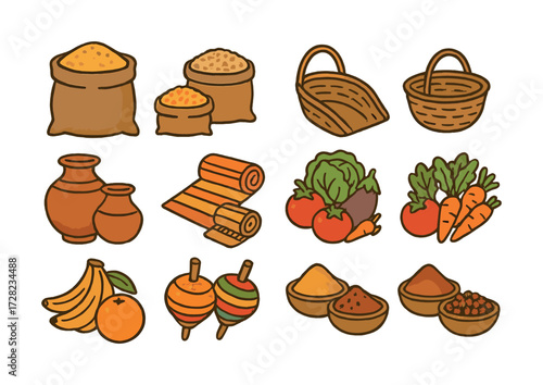 Collection of traditional harvest items including grains, vegetables, baskets, and clay pots