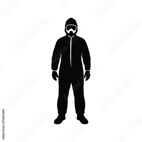 Full body silhouette of a person wearing a hazmat suit and gear, healthcare worker in ppe suit silhouette vector illustration