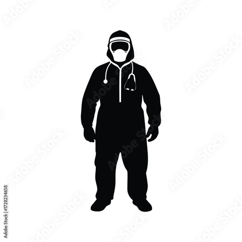 Silhouette illustration of doctor in PPE gear with stethoscope protecting against virus, healthcare worker in ppe suit silhouette vector illustration