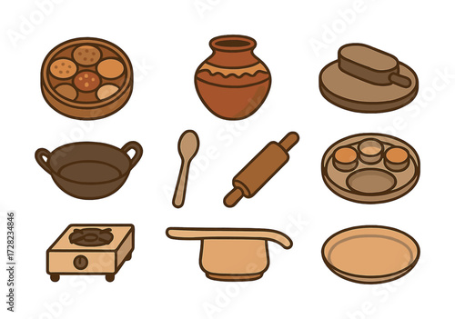 Traditional kitchen utensils and crockery set with pots, pans, rolling pin, and stove