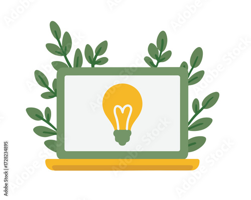 環境に優しいコンセプトとテクノロジーの融合を表現するベクターイラストで、ノートパソコンの画面に輝く電球が革新的なアイデアと持続可能性を象徴しています。