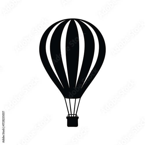 Black and white silhouette of hot air balloon with stripes design, hot air balloon ride silhouette vector illustration