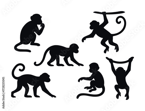 Silhouette of playful monkeys: diverse poses and movements in black and white