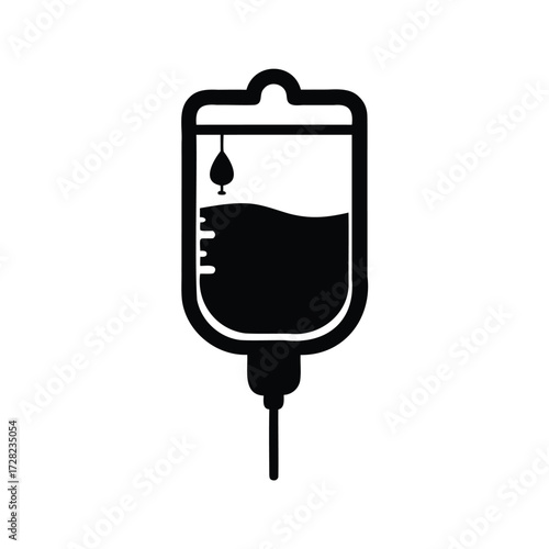 Simple black and white illustration of an IV bag used for medical treatment, iv drip silhouette vector illustration