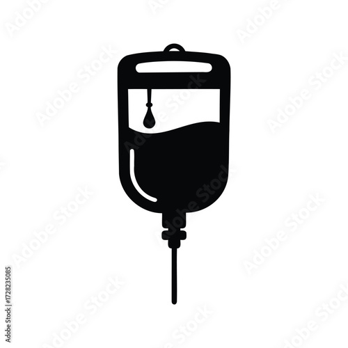 Black and white medical IV drip bag silhouette for hospital care, iv drip silhouette vector illustration