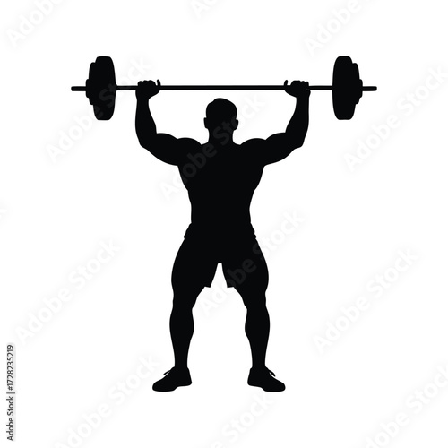 Silhouette of a muscular man weightlifting barbell overhead showing strength and fitness, male athlete lifting weights silhouette vector illustration