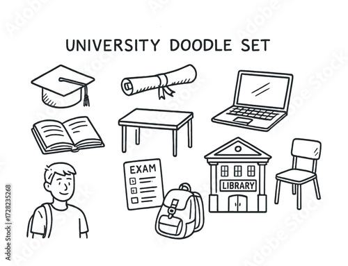 University doodle set with books, graduation cap, library, and laptop illustrations