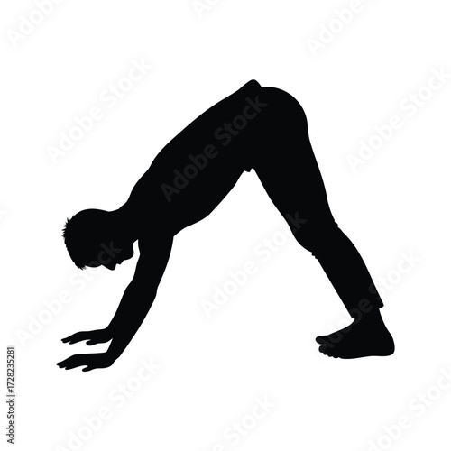 Silhouette of a person in a downwardfacing dog yoga pose posture, man in downward dog pose silhouette vector illustration