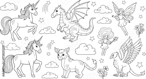 Vector art of fantasy creatures and elements, including unicorns, dragons, fairies, and griffins