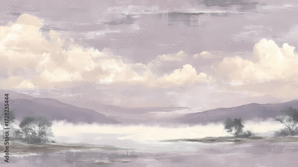 Fototapeta premium A serene landscape painting featuring soft pastel colors and a misty lake reflecting the sky.