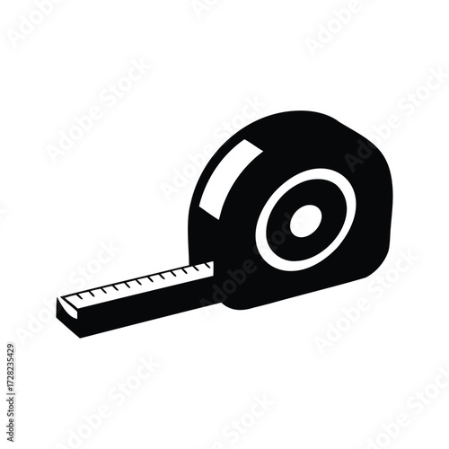 Stylized black and white illustration of a tape measure on a white background, measuring tape silhouette vector illustration