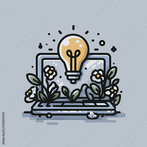 ノートパソコンから光り輝く電球と緑豊かな植物が成長する様子を描いた、テクノロジーと自然の調和が新たな創造的アイデアを生み出す瞬間を表現するベクターアート。