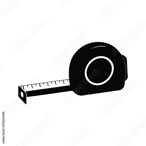 Simple black and white illustration of a metal construction tape measure, measuring tape silhouette vector illustration