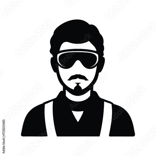 Black and white iconic image of a mustachioed man with glasses and suspenders, mechanic with safety goggles silhouette vector illustration