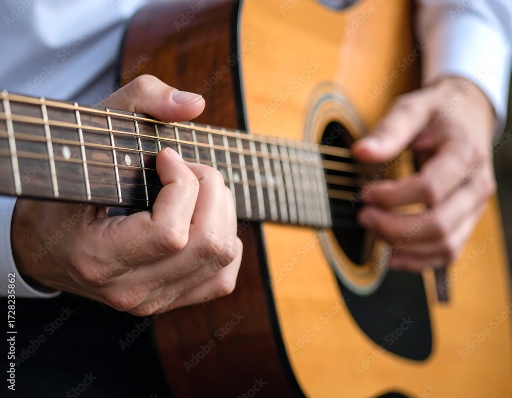 Fototapeta premium Close-up of hands playing acoustic guitar