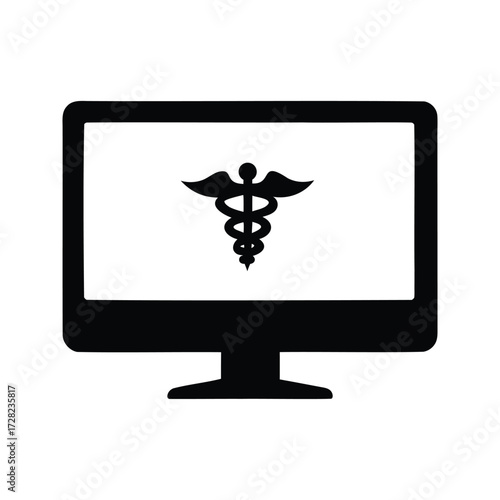 Medical symbol on a computer screen, healthcare and technology integration concept, medical computer screen silhouette vector illustration