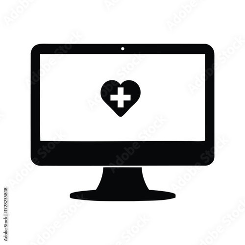 Digital Healthcare Interface Showing Heart with Plus Symbol on Monitor Screen, medical computer screen silhouette vector illustration
