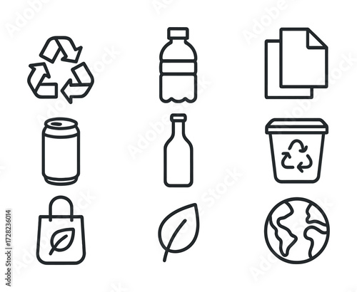 Flat design recycling icons: bottle, papers, can, glass, bin, bag, leaf, earth