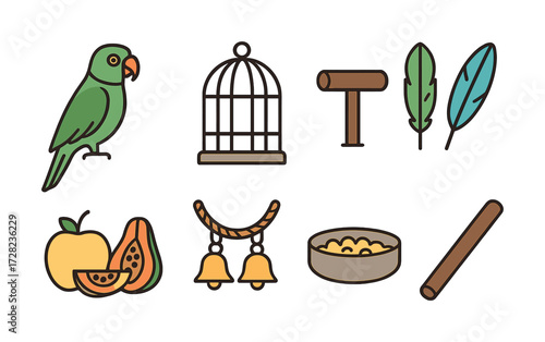 Pet bird essentials: parrot, cage, perch, feathers, bells, food, fruit, stick icons