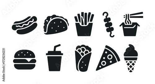 Silhouette icons of popular fast food items including hot dog, taco, fries, and pizza