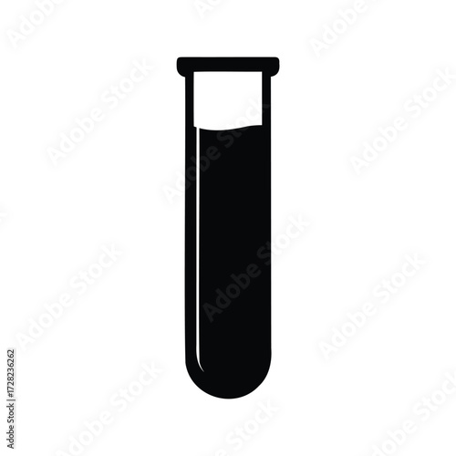 Black and white vector drawing of a test tube with fluid, medical test tube silhouette vector illustration