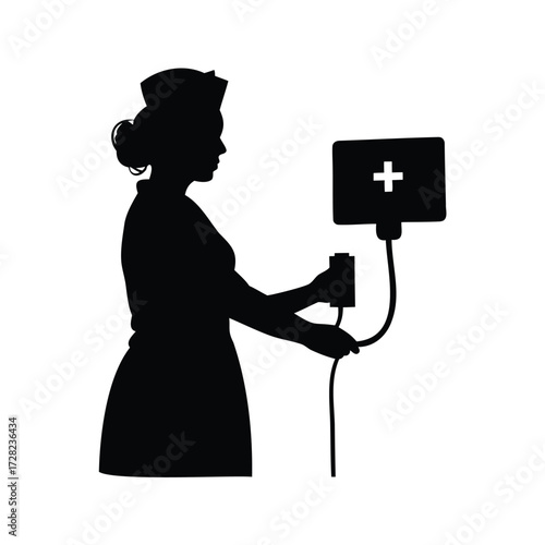 Silhouette of a Nurse Holding an IV Drip, a Vital Healthcare Image, nurse checking patient monitor silhouette vector illustration
