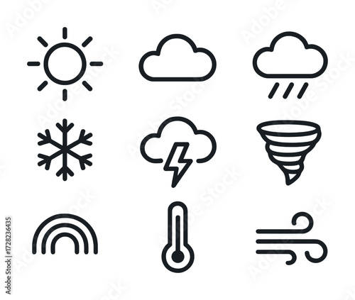 Weather icons set featuring sun, cloud, rain, snowflake, thunderstorm, tornado, rainbow, thermometer, wind