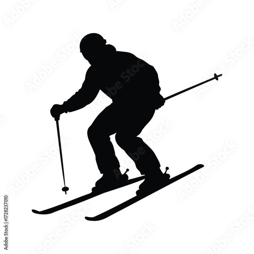 Silhouette of a skier in action on a white background creating motion, skiing downhill silhouette vector illustration