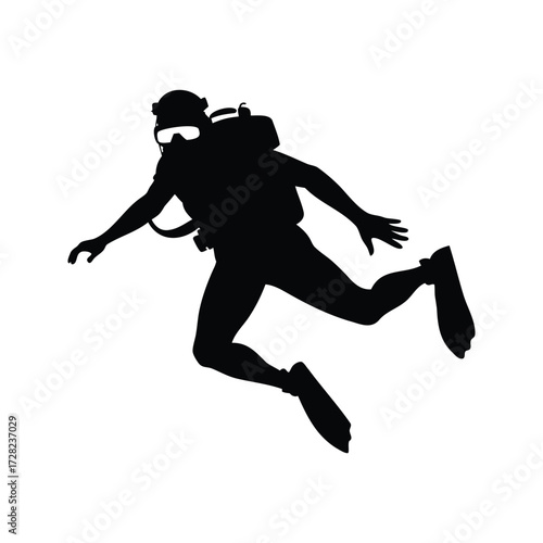 Silhouette of a scuba diver in full gear, underwater and weightless state, scuba diving silhouette vector illustration