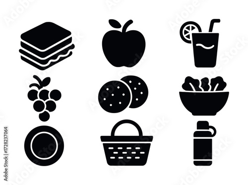 Collection of food and drink icons including sandwich, apple, and beverage