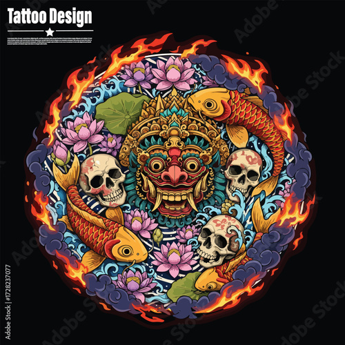 traditional tattoo design fissh koi and combine barong bali